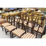 20th cent. Mahogany reproduction dining chairs, 6 + 2 carvers with droop in seats.