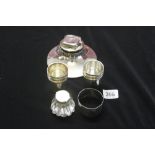 Hallmarked Silver: Desk inkwell, small inkwell (plated), vesta, napkin ring and white metal shot