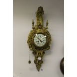 19th cent. French Japy Freres wall clock, gilt cast body, enamel faced, Roman & Arabic numerals,