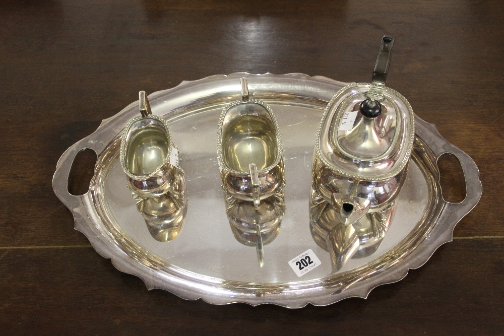 Silver Plate: Walker and Hall silver plated tray, approx. 20ins long with a teapot, sugar and milk