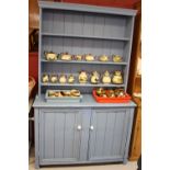 20th cent. Painted pine dresser, 2 door cupboard base with a 3 shelf rack.