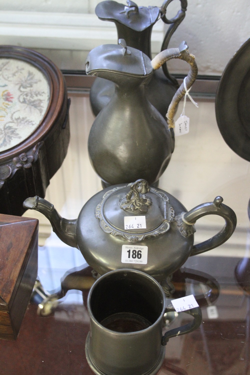 19th cent. Pewter: James Dixon and Son 1879 hot water jug 10¼ins, water jug 9½ins, a teapot plus a