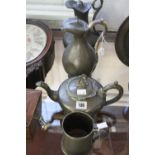 19th cent. Pewter: James Dixon and Son 1879 hot water jug 10¼ins, water jug 9½ins, a teapot plus a