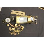 Military: Brass lamp stamped "A.F.G. 1942" has a carrying handle, a brass button hook plus 1918