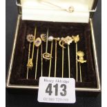 Hallmarked Gold and Yellow Metal: Tie or cravat pins, most marked 9ct and set with various semi