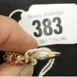 Hallmarked Gold: 18ct. ring set with 3 rubies and 2 diamonds, plus pea pod setting diamond ring,