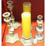 19th cent. Candlesticks gilt brass in a Rococo style with drip tray, a pair and a pair of brass
