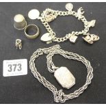 Hallmarked Silver: Charm bracelet, locket & chain, wedding band, thimble. Approx. 2ozs.