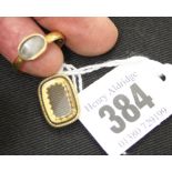 19th cent. Mourning Jewellery: Yellow metal ring with oval hair enclosure plus a rectangular