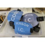 Railwayania: 1980s British Rail enamelled metal armbands with leather straps "Person I.C. Work" x 2;