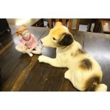 20th cent. Ceramic figure of a dog 21ins. x 12ins. plus a figure of a dancer.