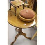 19th cent. Mahogany occasional table with inlaid banding, a walnut circular footstool and a polished