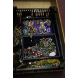 Costume Jewellery: Buckles, coloured paste brooches, necklaces, bracelets, beads, etc. and a lined