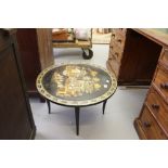 20th cent. Chinese lacquered table, top decorated with gilt lacquer and mother of pearl. 25ins.