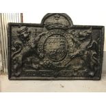 Period painted cast iron fire back depicting a Tudor Style Coat of Arms. 30ins. x 20ins.