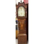 Clocks: George III longcase clock, mahogany cross banded with oak case, enamel arch dial with