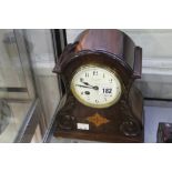 Clocks: Mahogany striking mantel clock with 'made in France 48 no: 2493000. GB&E to movement'.