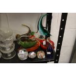 20th cent. Glass: Retro assorted glass dishes in the form of a swan, 1 red, 1 orange, stylised green