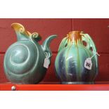 Arts and Crafts Ceramics: Christopher Dresser style Manchester drip glaze jug plus a two handled