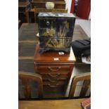 20th cent. Oriental hardwood 4 drawer jewellery chest plus a Japanned 3 drawer cupboard jewellery