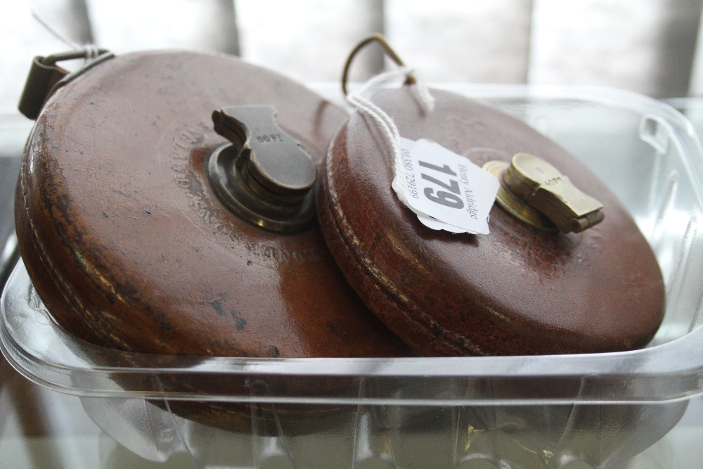 John Rabone & Sons: Leather cased measuring tape, 1499 on brass winder, Chestermans tape, cased