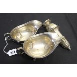 Hallmarked Silver: Sauce boats & sugar shifter 9.9ozs.