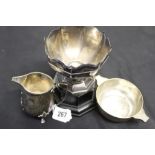 Hallmarked Silver: Sugar bowl, cream jug and a wine taster. All given as trophies. 13ozs.