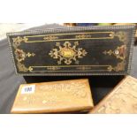 19th cent. Ebonised glove box with brass inlay plus 2 others.