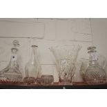19th/20th cent. Decanters: Cut-glass 3 ring neck decanter, long neck wine decanter plus 2 other flat