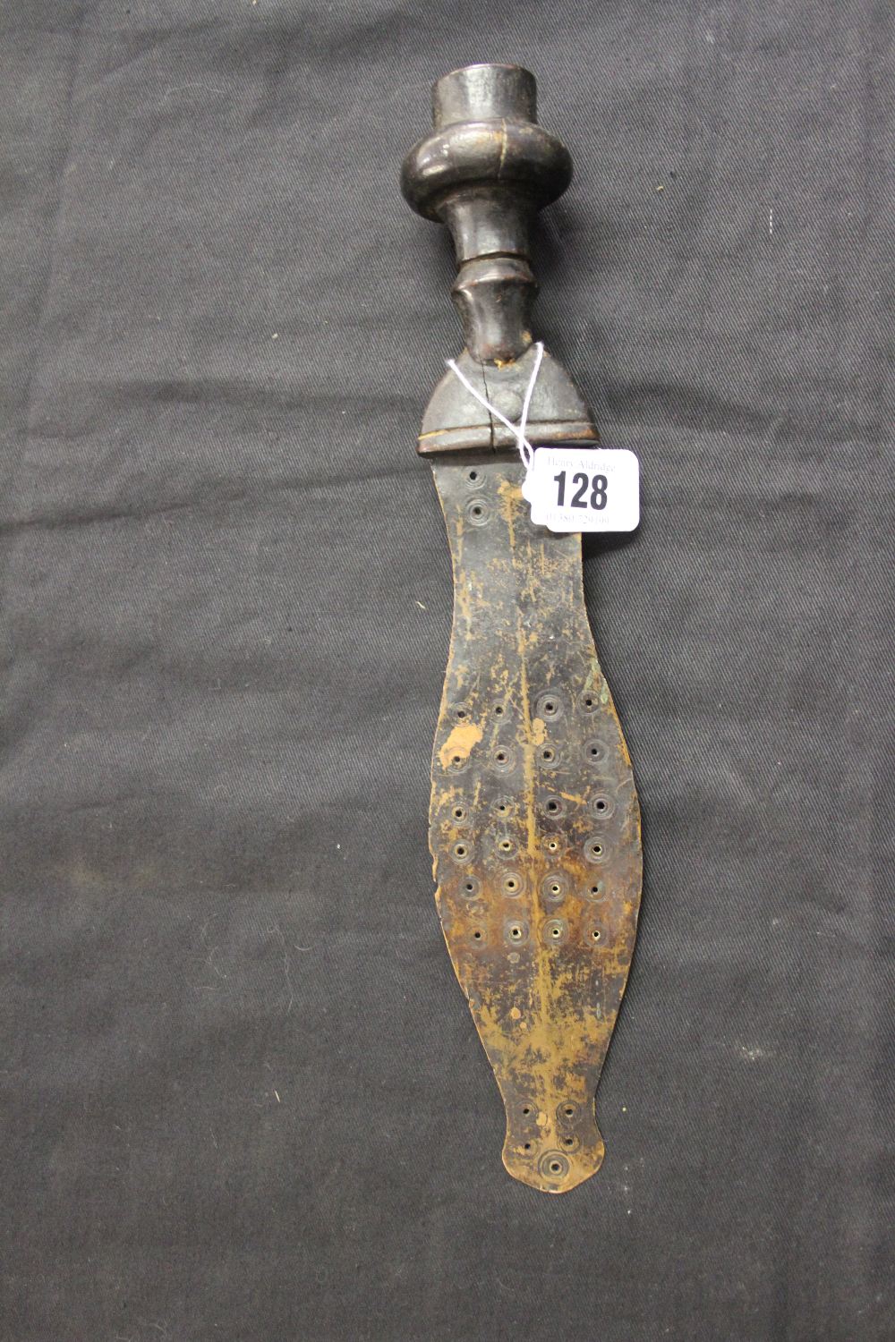 Edged Weapons: African ceremonial knife of copper with a treen handle, feather shaped blade, punched