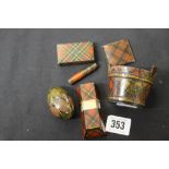 19th cent. Sewing Requisites: Tartan ware Prince Charlie treen "Stuart" needle case, thimble holder,