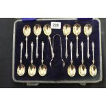 Hallmarked Silver: Sheffield hallmarked set of 12 Apostle spoons and sugar tongs 6oz. approx.