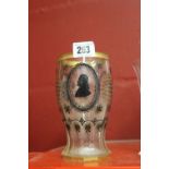 Late 19th cent. Bohemian cut glass and enamelled beaker, bulbous form decorated with silhouettes
