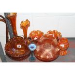 Carnival Glass: bowls, vases etc. (8) plus Vaseline glass trumpet vase.
