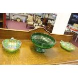 Art Glass: Green lustre bowls in the form of raspberries and a green glass centre piece bowl