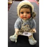 Doll: German girl doll, dark hair, open and shut eyes, open mouth, bisque head, composition body,