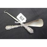 Hallmarked Silver: Shoe accessories, button hook and shoe horn both steel bodied, silver handles.