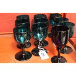 19th/20th cent. Green stem wine glass x 9, plus one deep amethyst (10 in total).