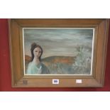 William Drew 1928-84 Australian: Oil on board "Girl with Bird", signed lower right. Framed 13¼ins. x