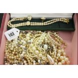 Costume Jewellery: Simulated pearls, 2 strand necklace and earrings, assorted necklaces and brooches