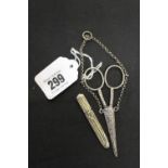 Early 20th cent. hallmarked silver sewing requisites, scissors and embossed case with suspension