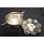 Hallmarked Silver: Two handled wine taster plus a filigree worked dish 4oz. approx.