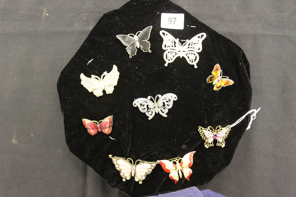 Costume Jewellery: Nine brooches in the form of butterfly's, black enamel, brown enamel, filigree