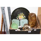 20th cent. Ceramics: Door furniture, deco style bookends, treen tobacco jar in the form of an owl,