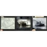 R.M.S. TITANIC: Glass slides of Titanic leaving Belfast, docking at Southampton, and a chart of