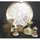 WHITE STAR LINE: Elkington plate drainer with burgee to centre, Megantic souvenir candle holder with