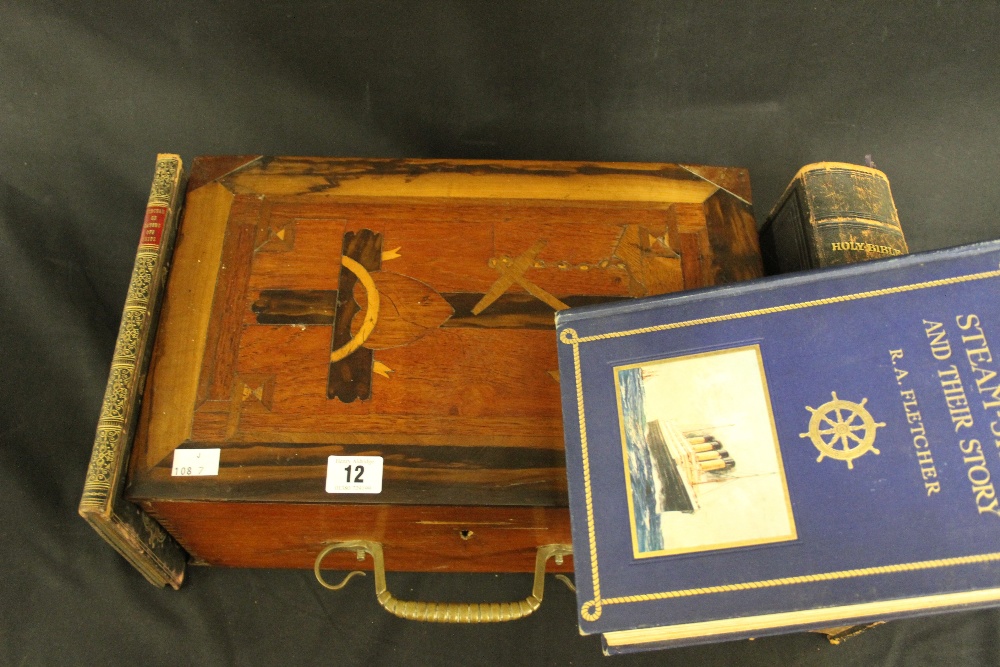 MARITIME: 19th Century hardwood folk-art, document box with exotic wood inlaid decoration with an