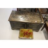 Edwardian oak carved blanket box plus an oak upholstered stool.