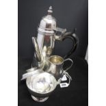 American Steiff Sterling Silver 925 standard coffee pot, cream jug, lidded sugar bowl, ebonised