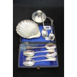 Silver: Set of 6 hallmarked tea spoons Sheffield 1895, oil burner Birmingham 1911 plus a